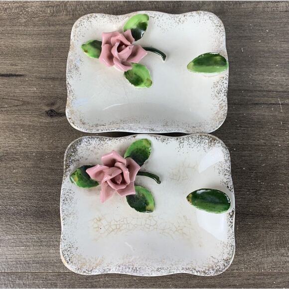 Porcelain 3D Rose 2 Trinket Dishes Japan Vintage Rectangle Plate - Picture 2 of 9